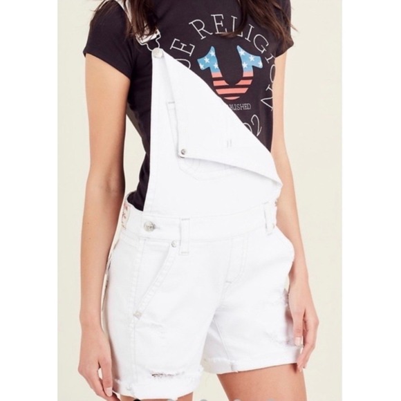 TRUE RELIGION Ripped Frayed Hem Jean Denim Overalls Sz M - Picture 4 of 14